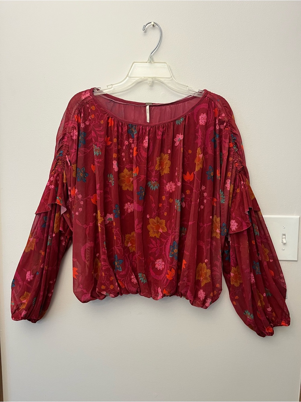 Free People Magenta Floral Mesh Long Sleeve Layering Top Size S/P